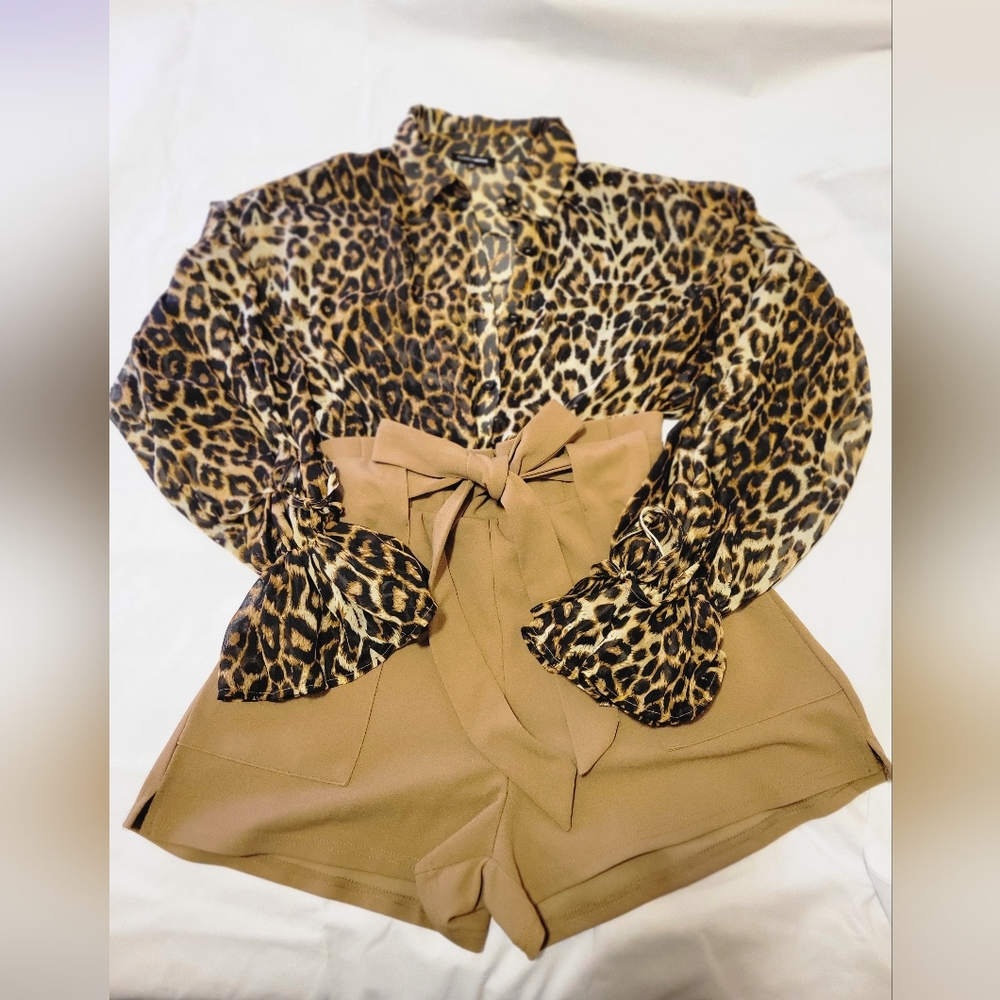 Leopard Print Blouse with Bow-Tie Shorts/ Romper. Fashion Nova, size XL